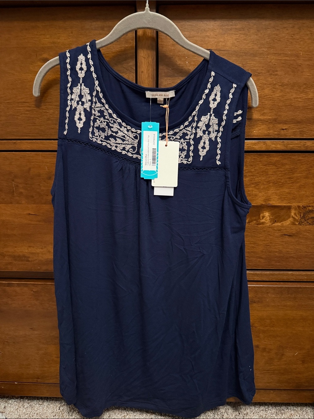 Skies Are Blue Navy Tank with Ivory Embroidered Yoke